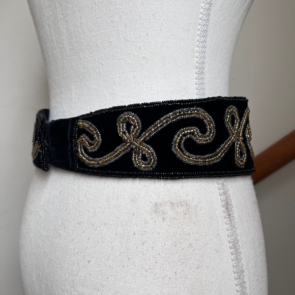 Vintage 90s Beaded Velvet Waist Belt Black Metallic Ornate Statement Chunky Wide main image 7